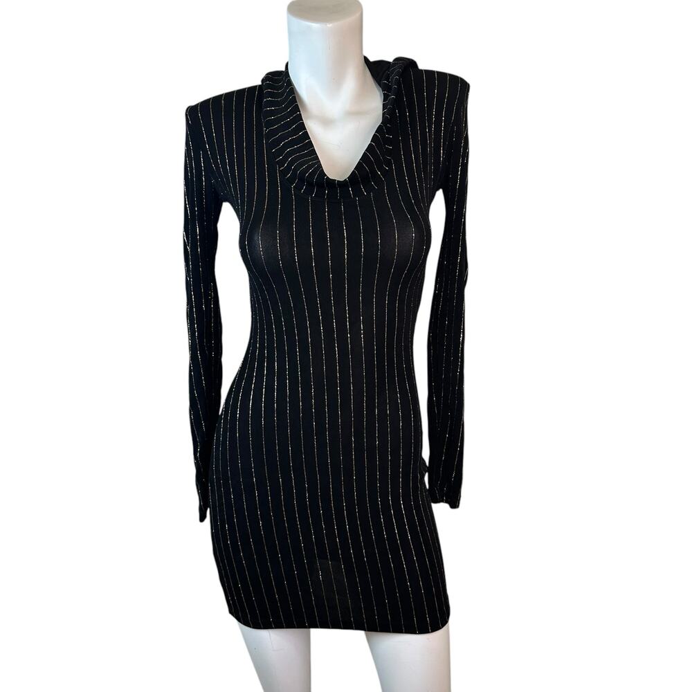 Brian Lichtenberg Black & Gold Metallic Glitter Striped Hooded Mini Dress sz S